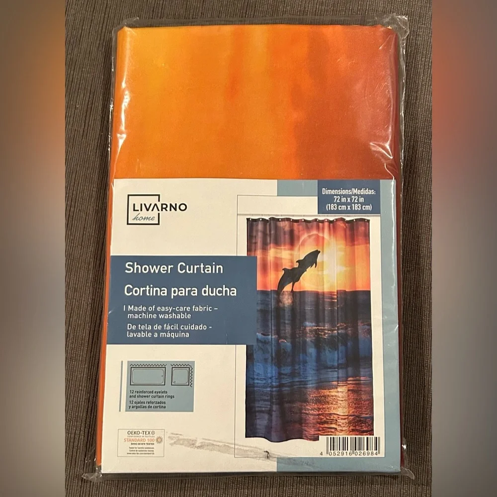 Dolphin Sunset Print Shower Curtain + 12 shower curtain rings hooks NWT